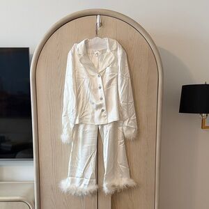 Elegant White Satin Bridal Pajama Set with Faux Fur Trim